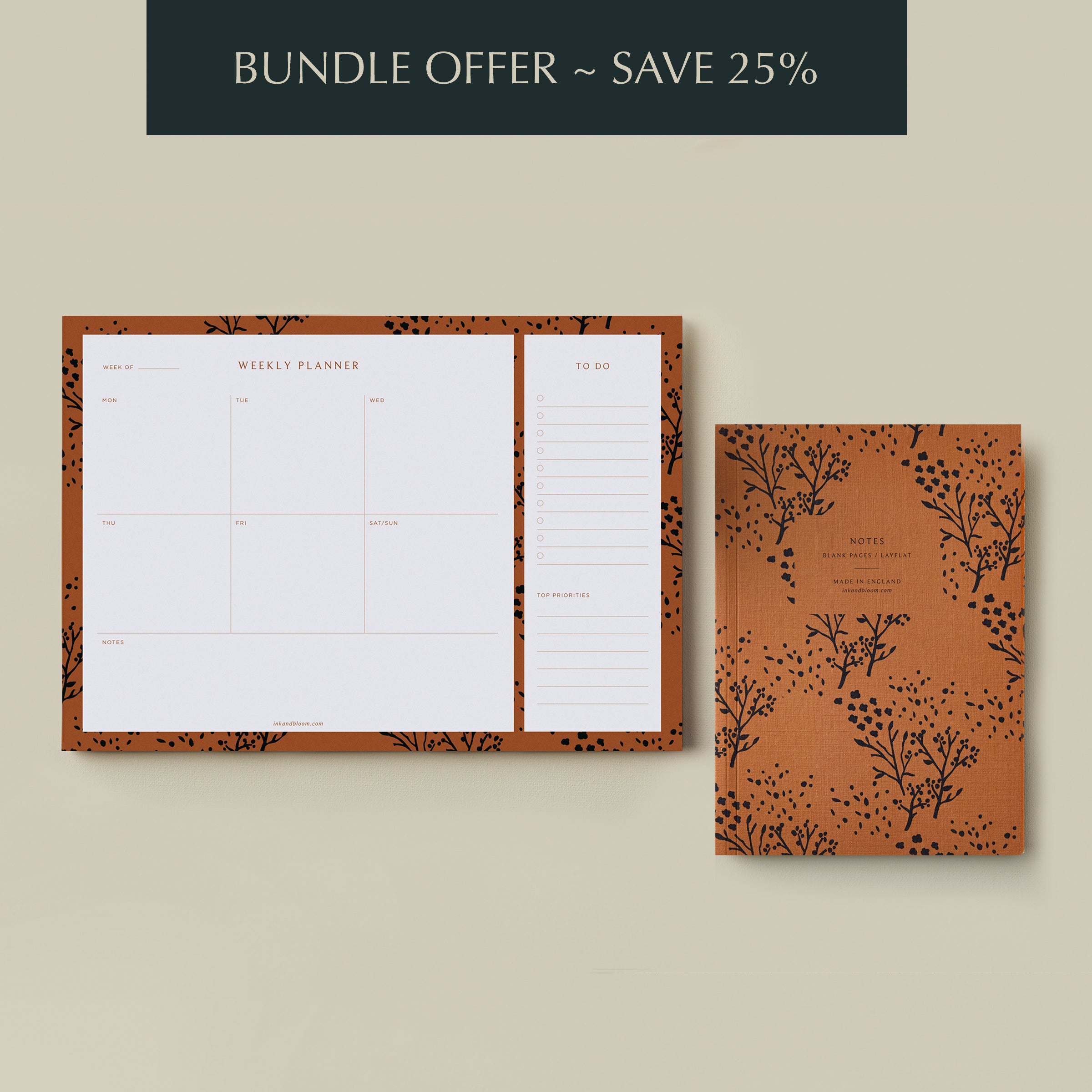 Bundle - Weekly Desk Planner Pad & Layflat Notebook in Floral Tan