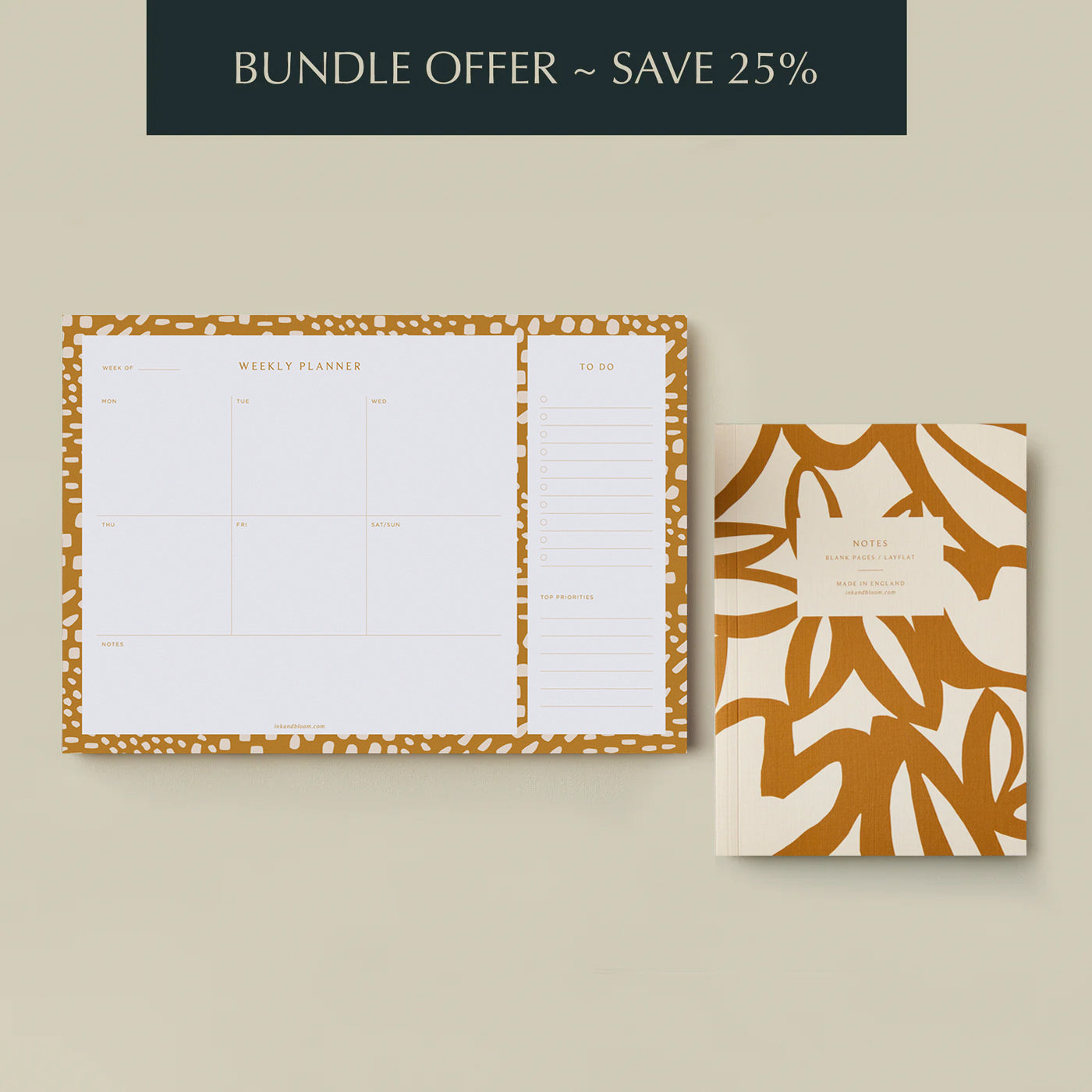 Bundle - Weekly Desk Planner Pad & Layflat Notebook in Mustard
