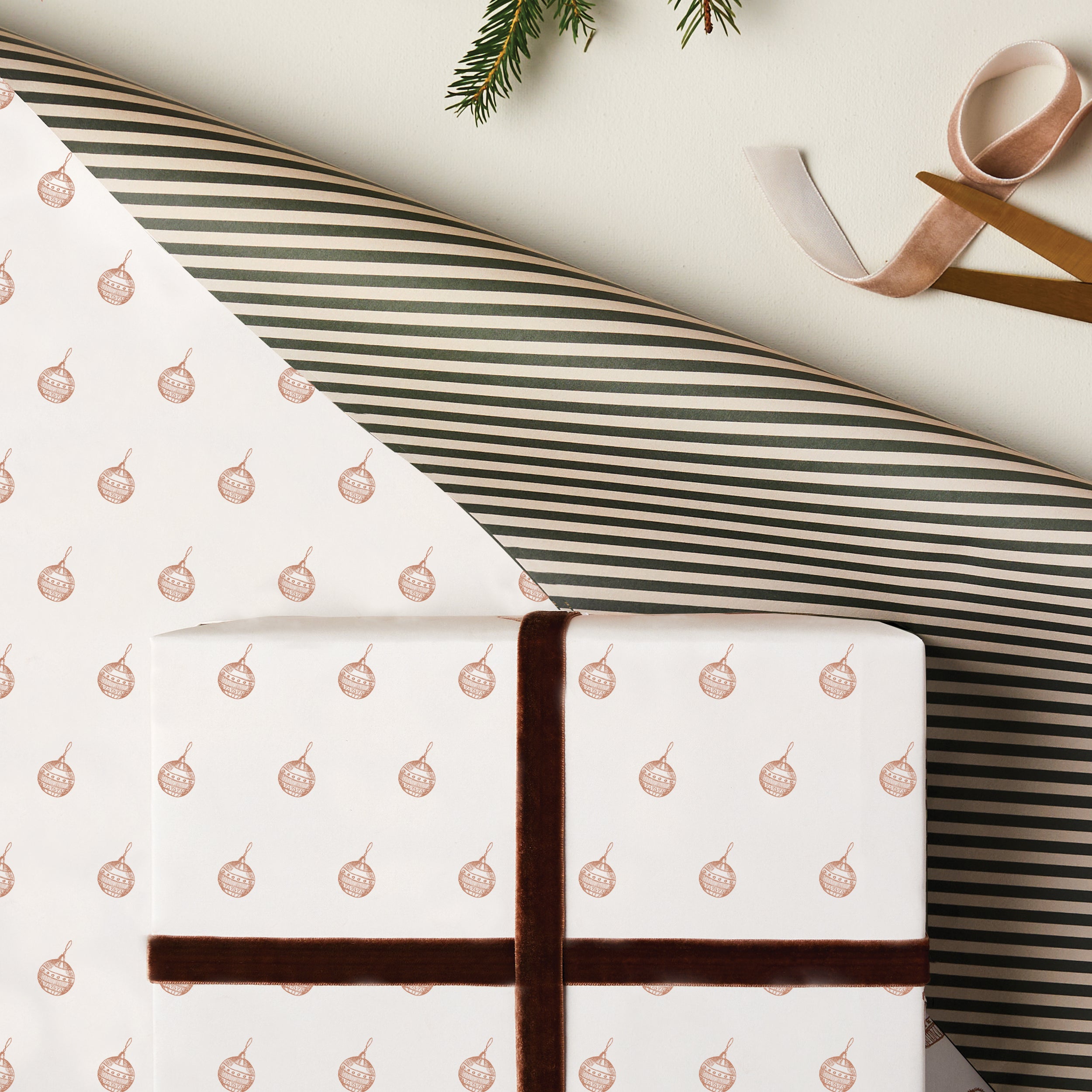 Christmas Baubles and Stripes Double Sided Wrap in Gold and Green SECONDS SALE