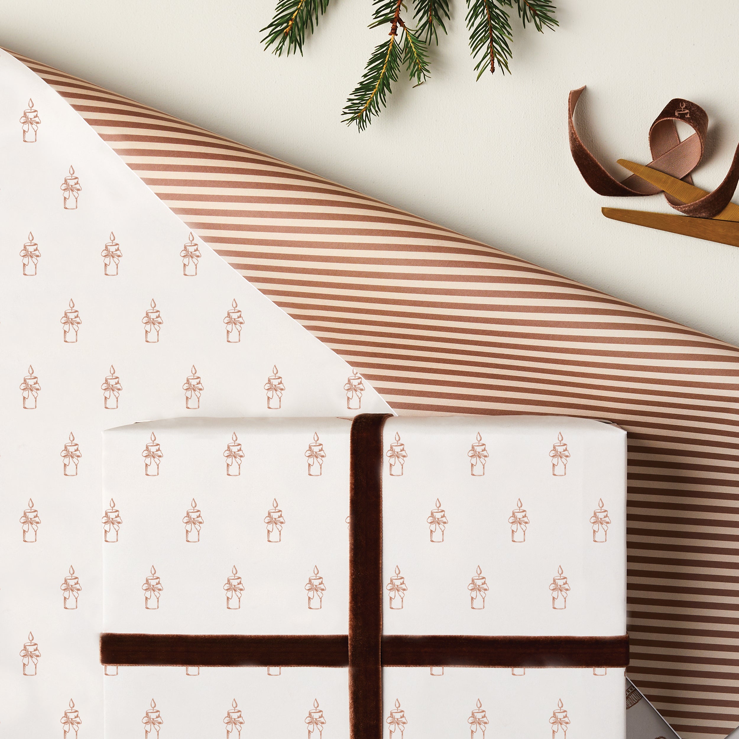 Christmas Candles and Stripes Double Sided Wrap in Cream & Gold SECONDS SALE