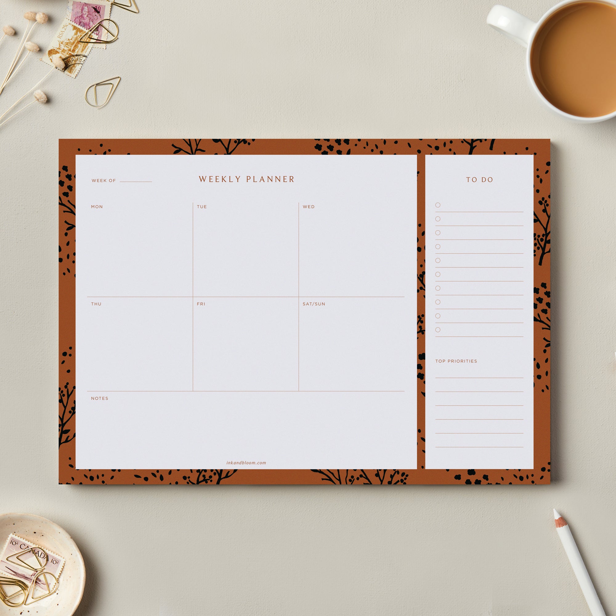 Bundle - Weekly Desk Planner Pad & Layflat Notebook in Floral Tan