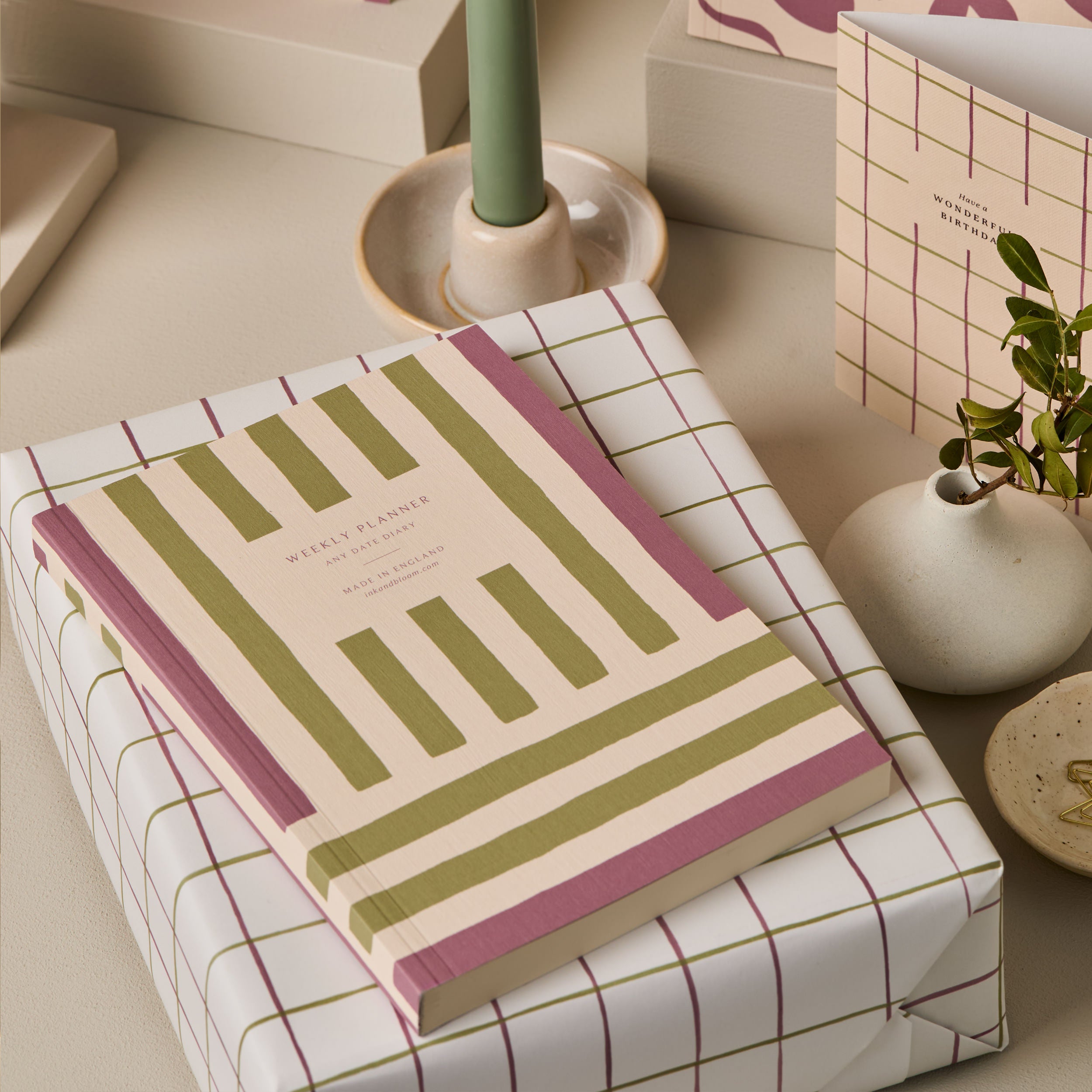 Weekly Planner, A5, Undated in Purple & Green Stripes