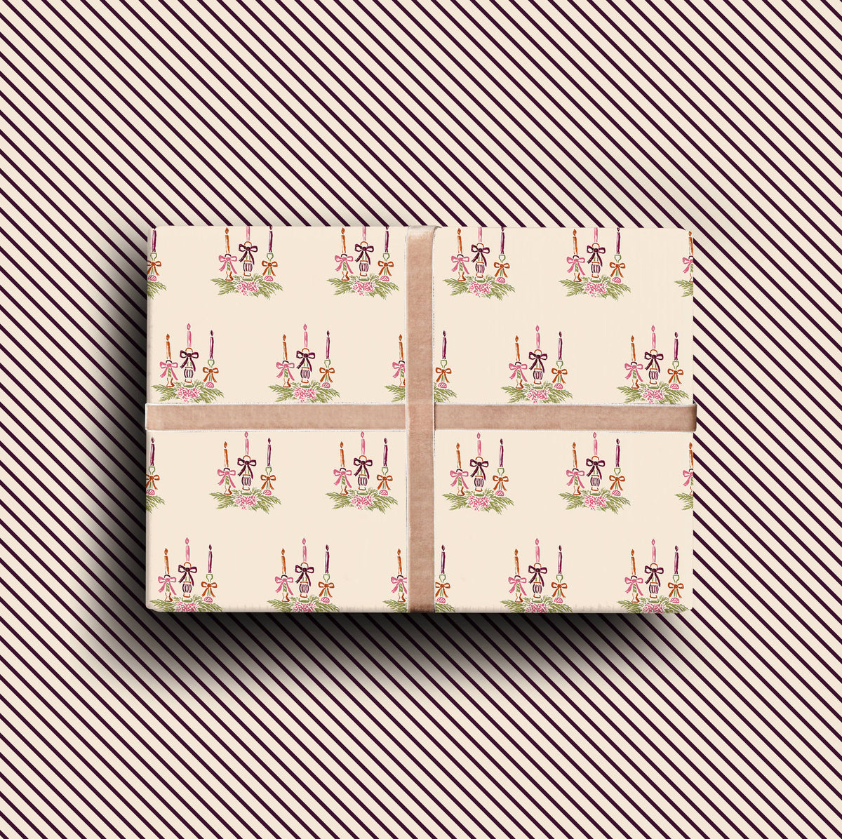 Double sided Christmas gift wrap with hand painted festive candles and burgundy stripe reverse