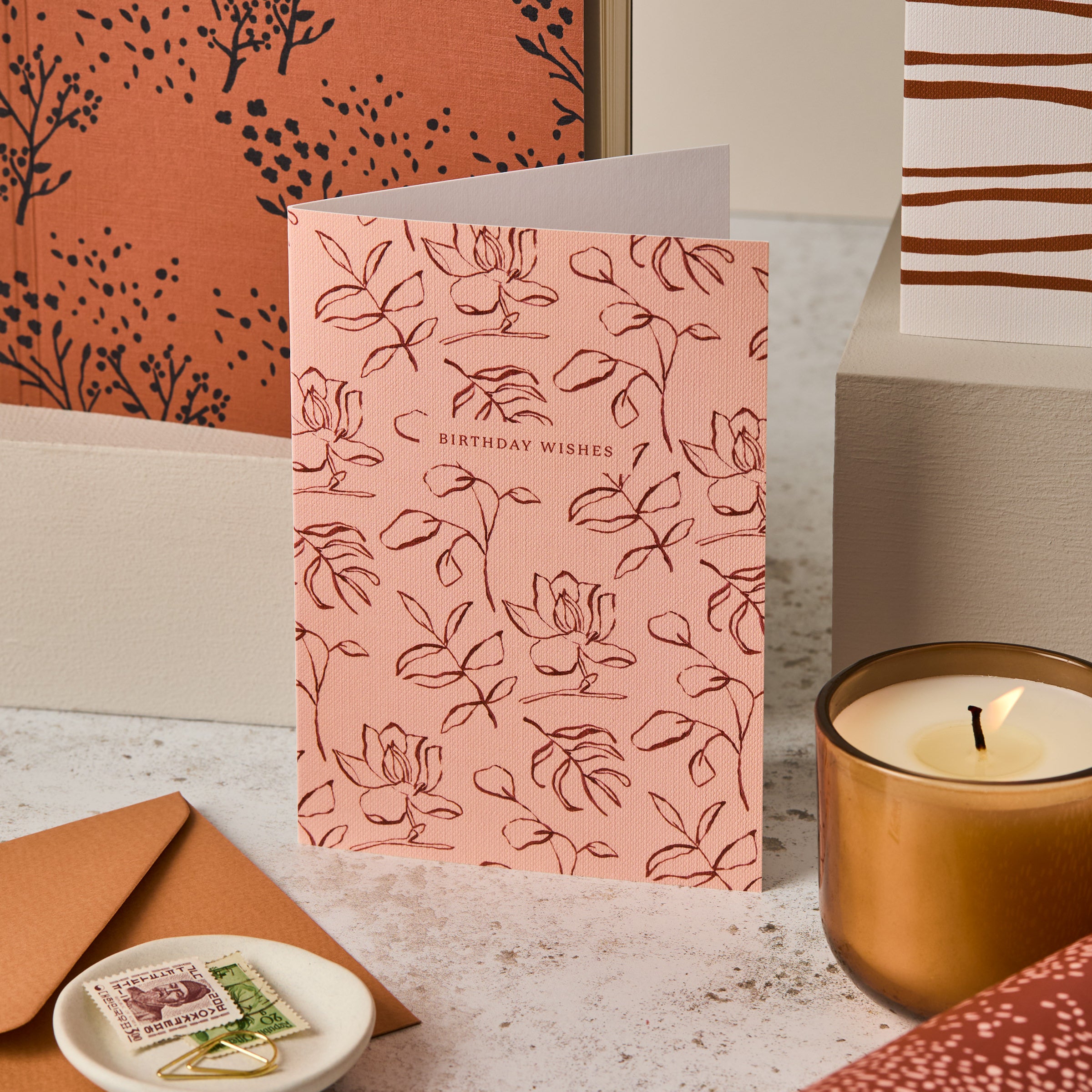 Birthday Wishes Floral Peach and Rust Card