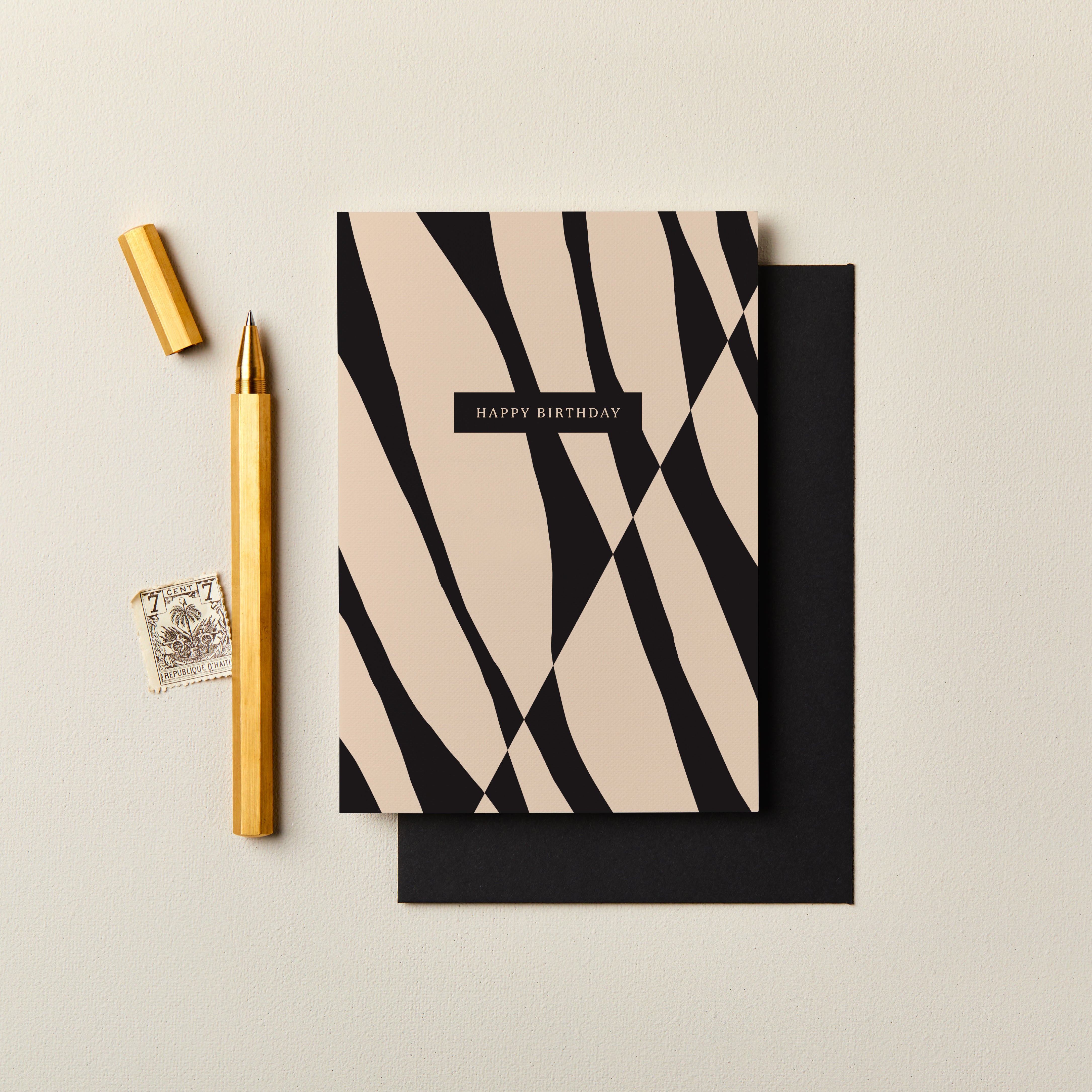 Happy Birthday Abstract Diagonal Black & Cream Card SECONDS SALE
