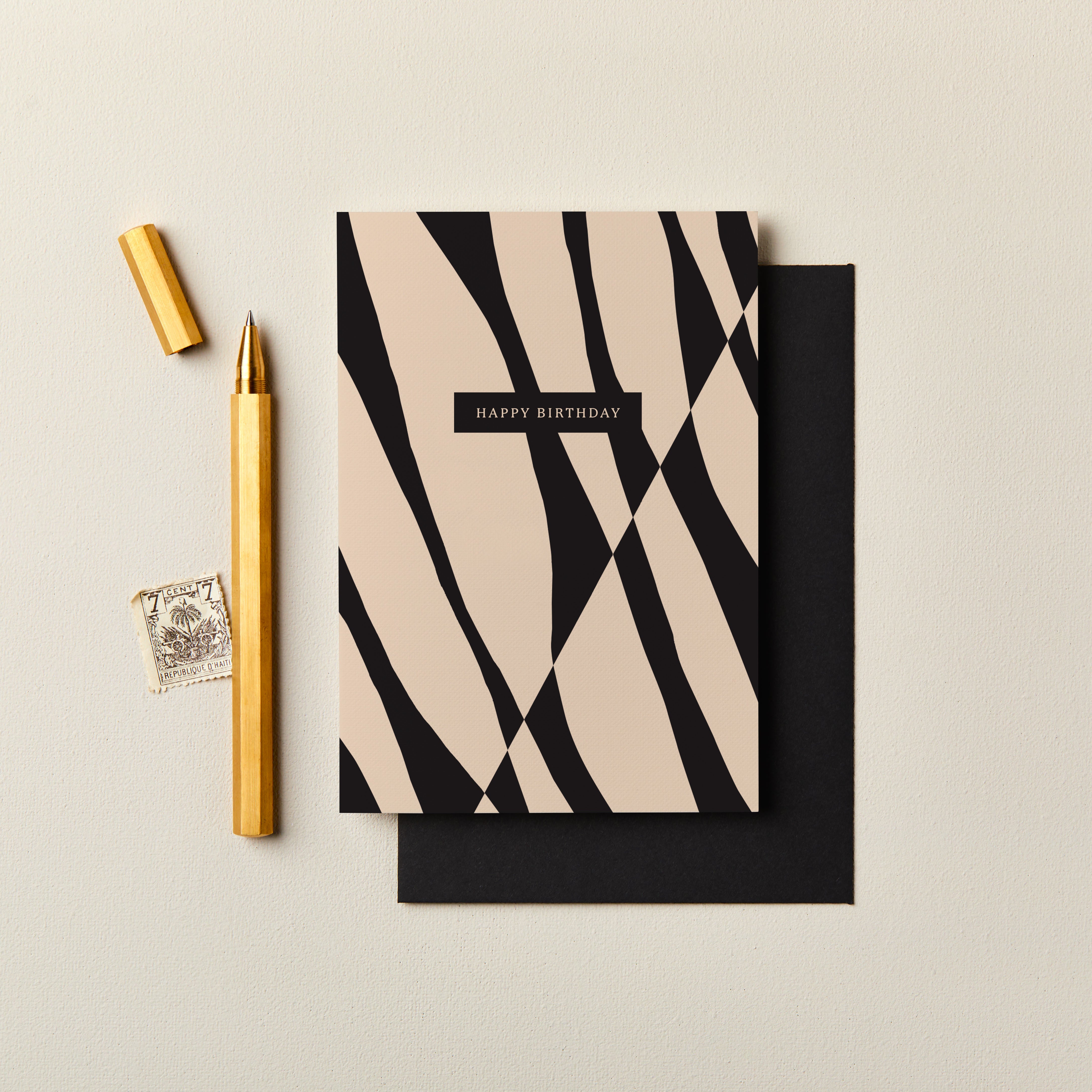 Happy Birthday Abstract Diagonal Black & Cream Card