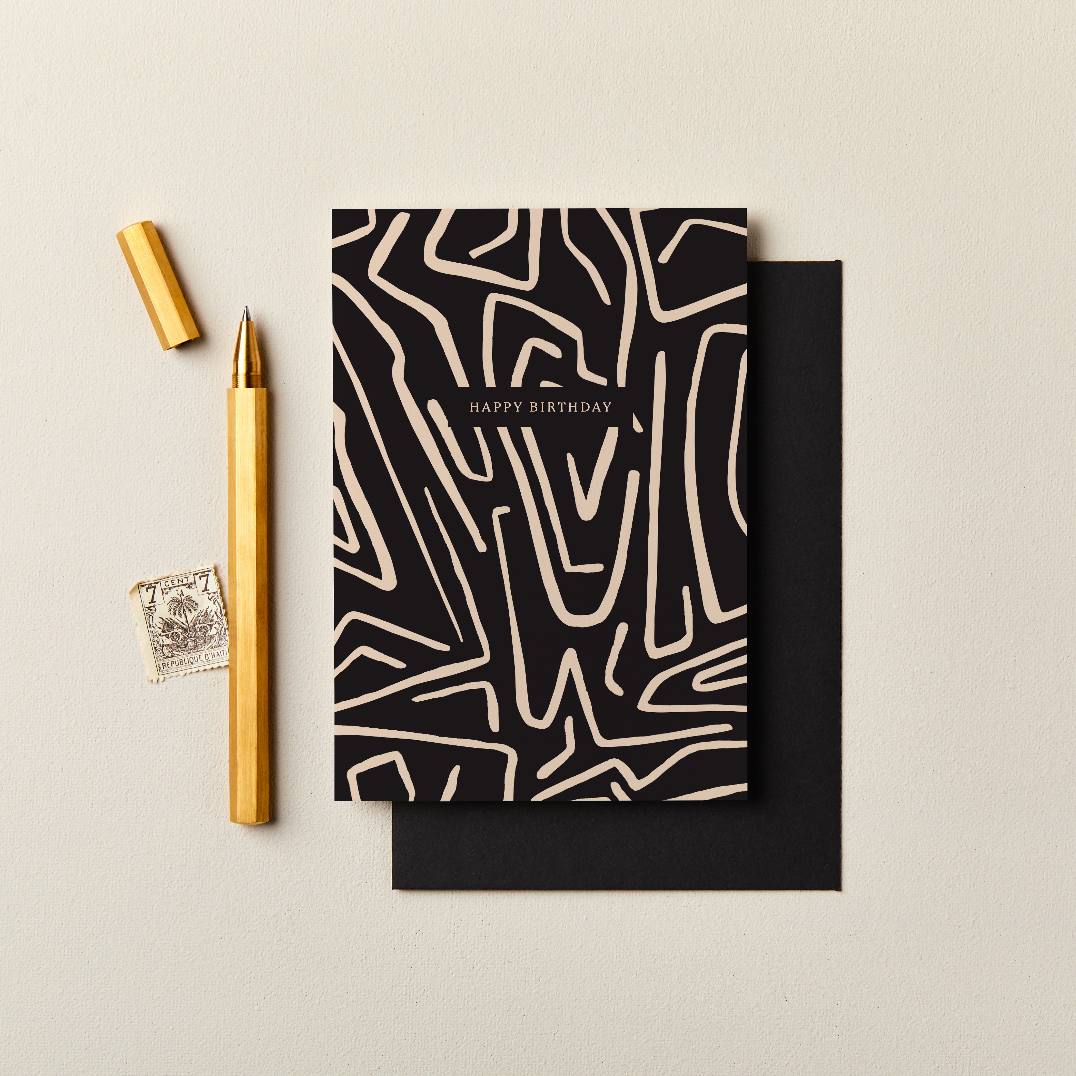 Happy Birthday Abstract Lines Black & Cream Card