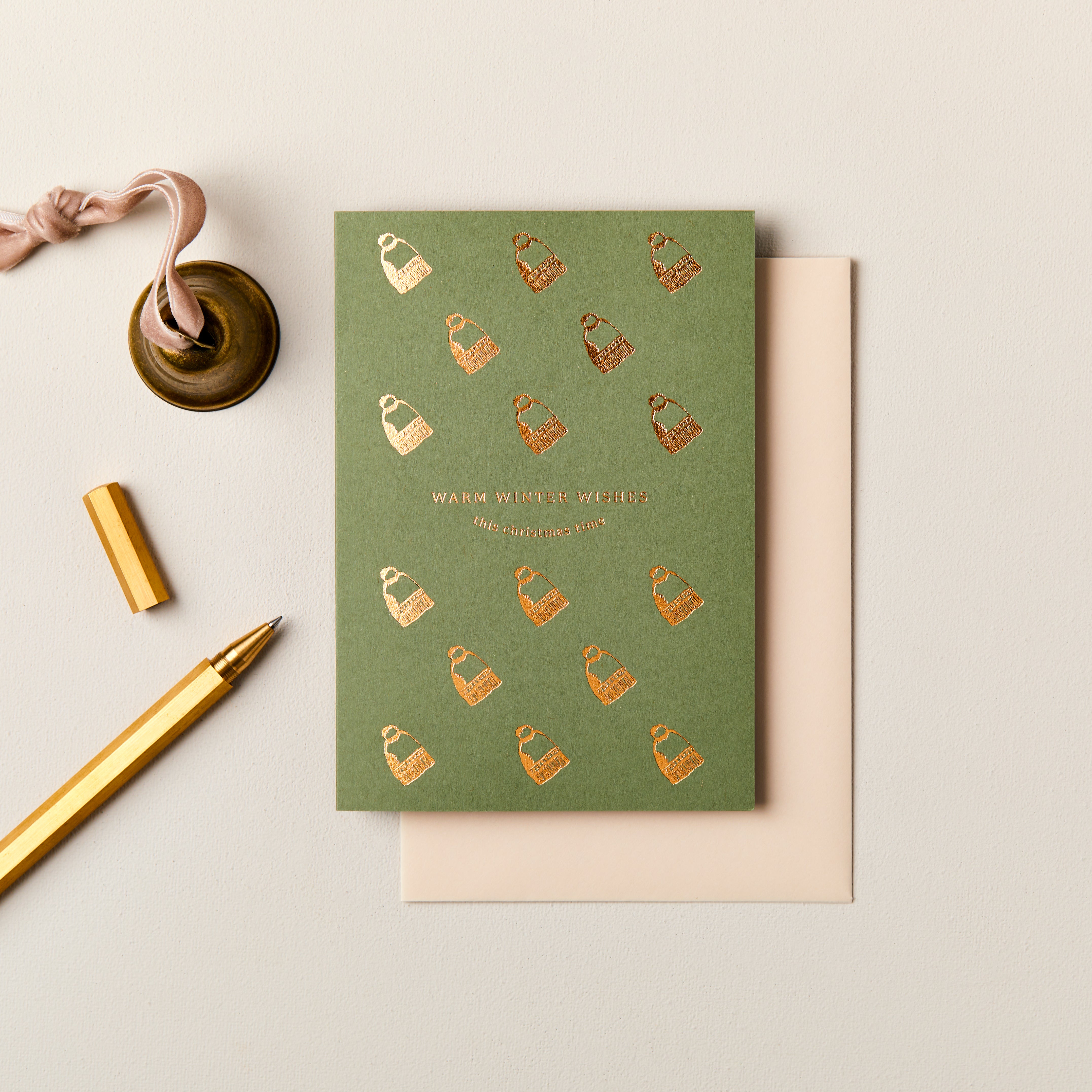 Woolly Hat Warm Winter Wishes Foiled Card in Green SECONDS SALE