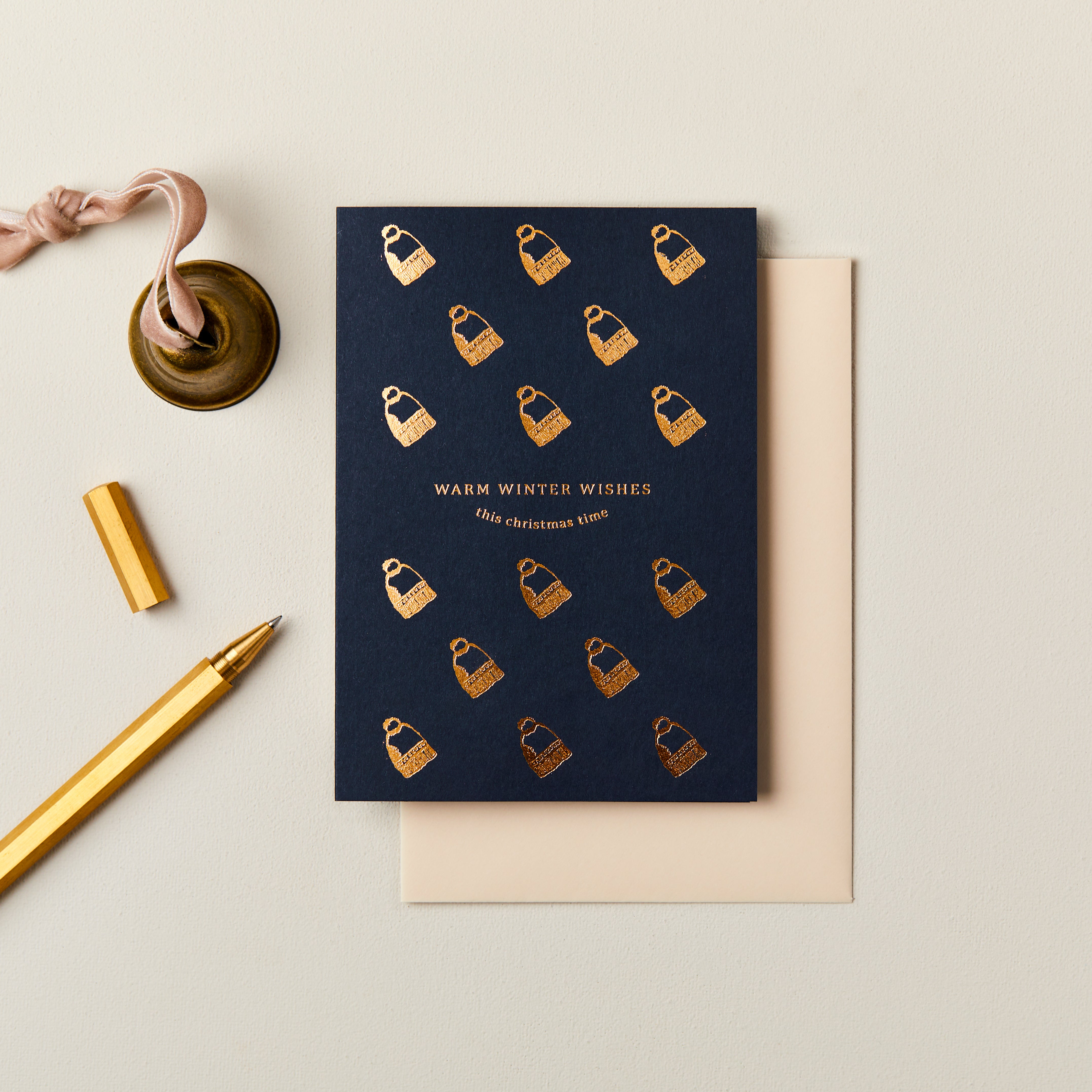 Woolly Hat Warm Winter Wishes Foiled Card in Blue SECONDS SALE