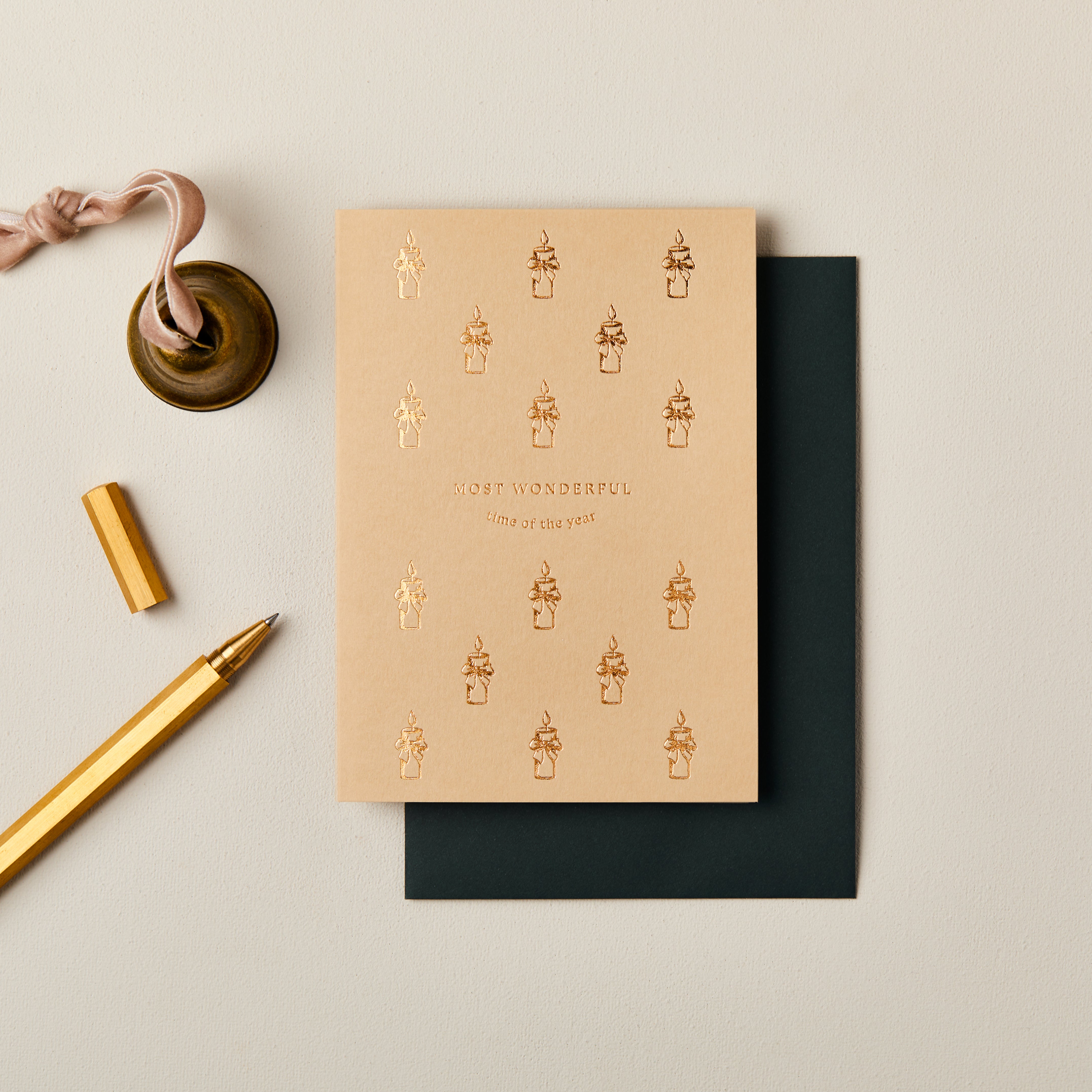 Candles Foiled Christmas Card in Caramel SECONDS SALE