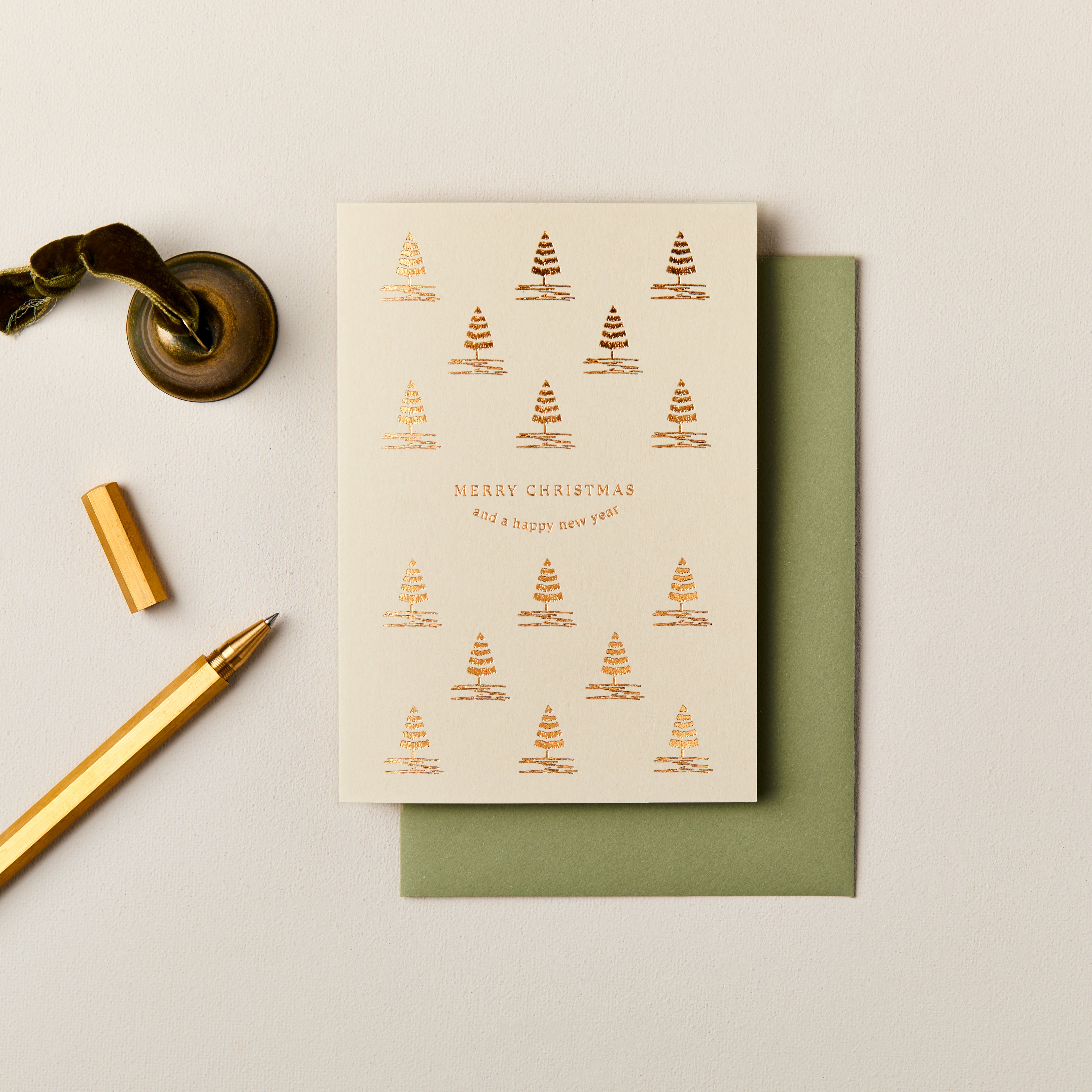 Trees Merry Christmas Foiled Card in Mist SECONDS SALE