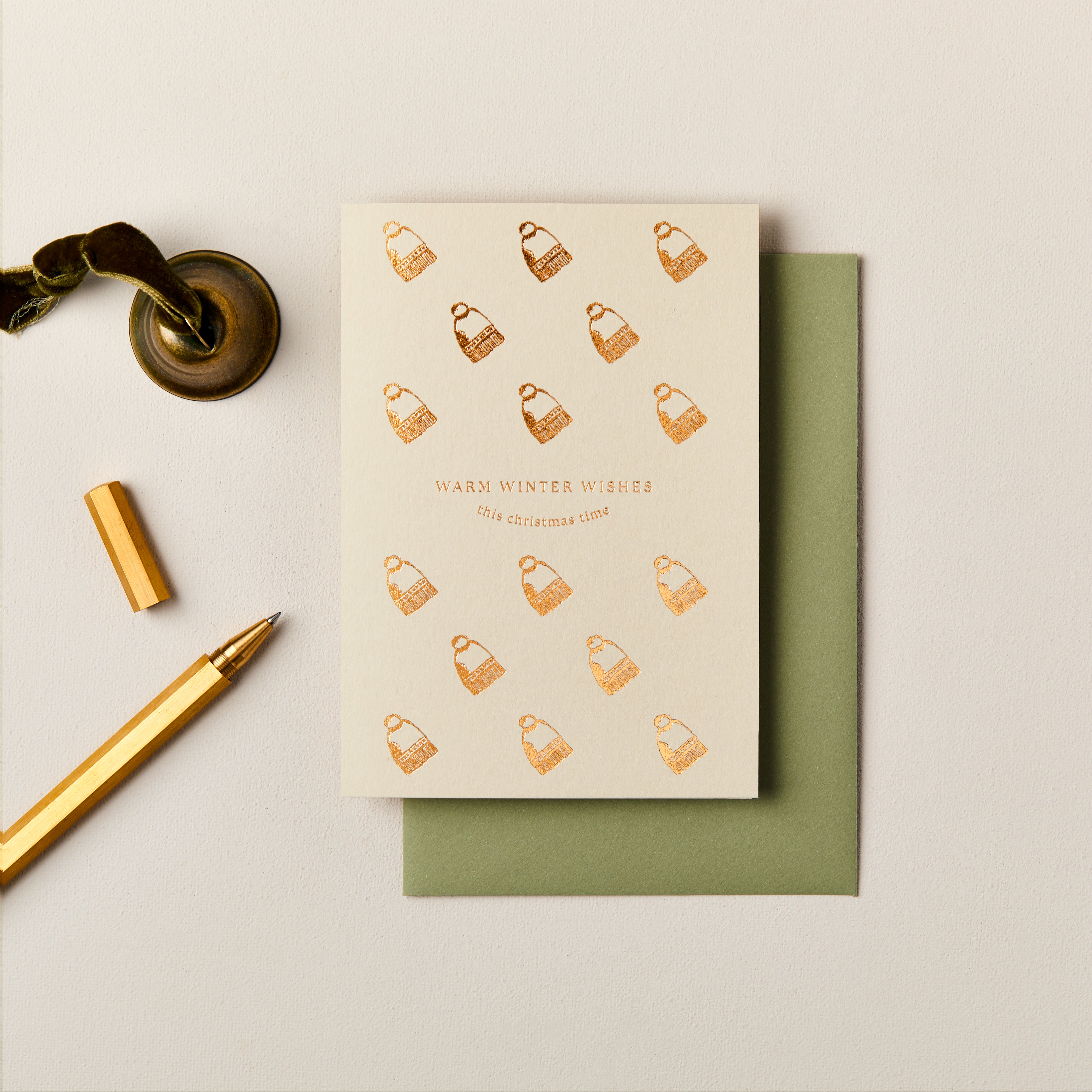 Woolly Hat Warm Winter Wishes Foiled Card in Mist SECONDS SALE