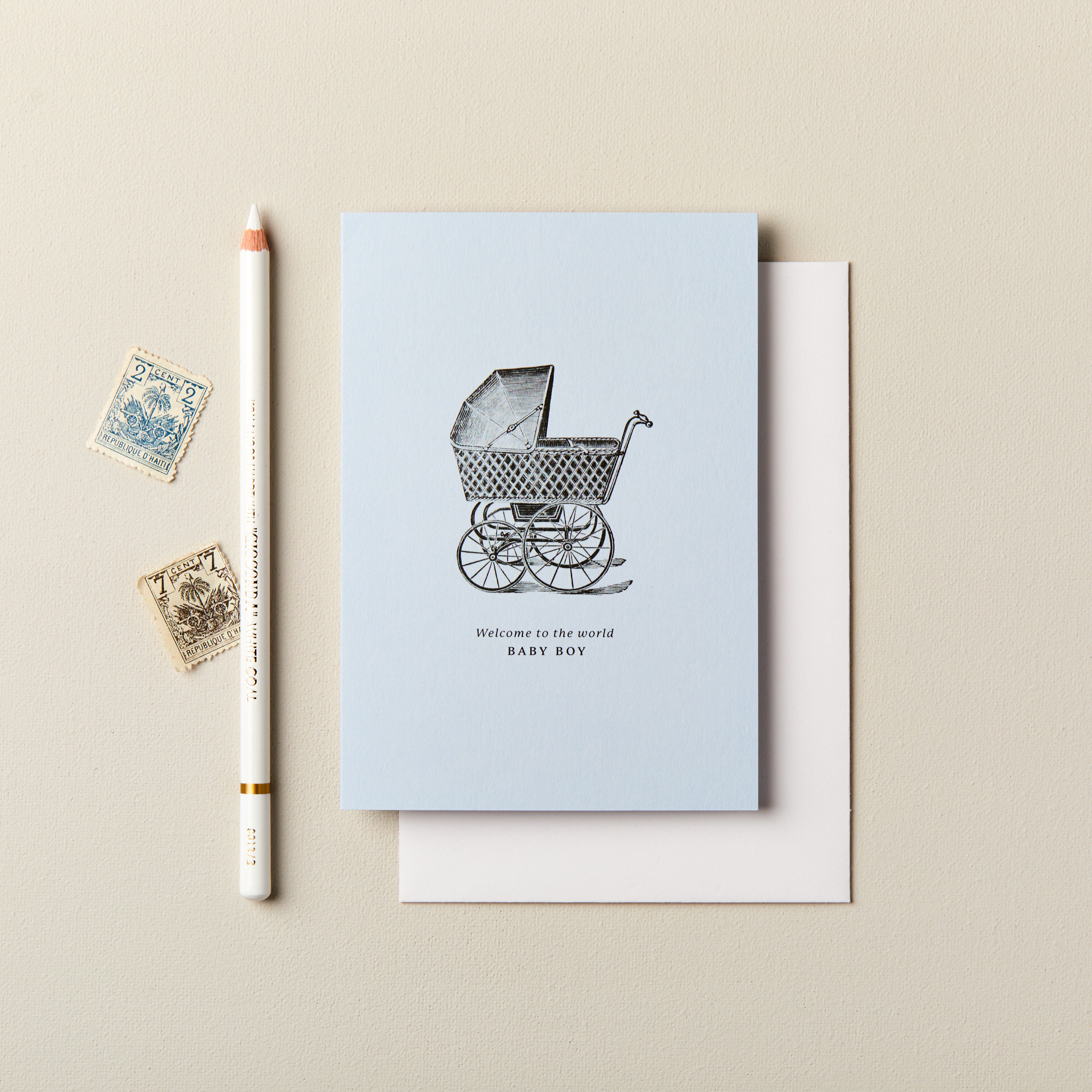 Welcome Baby Boy Vintage Pram Card
