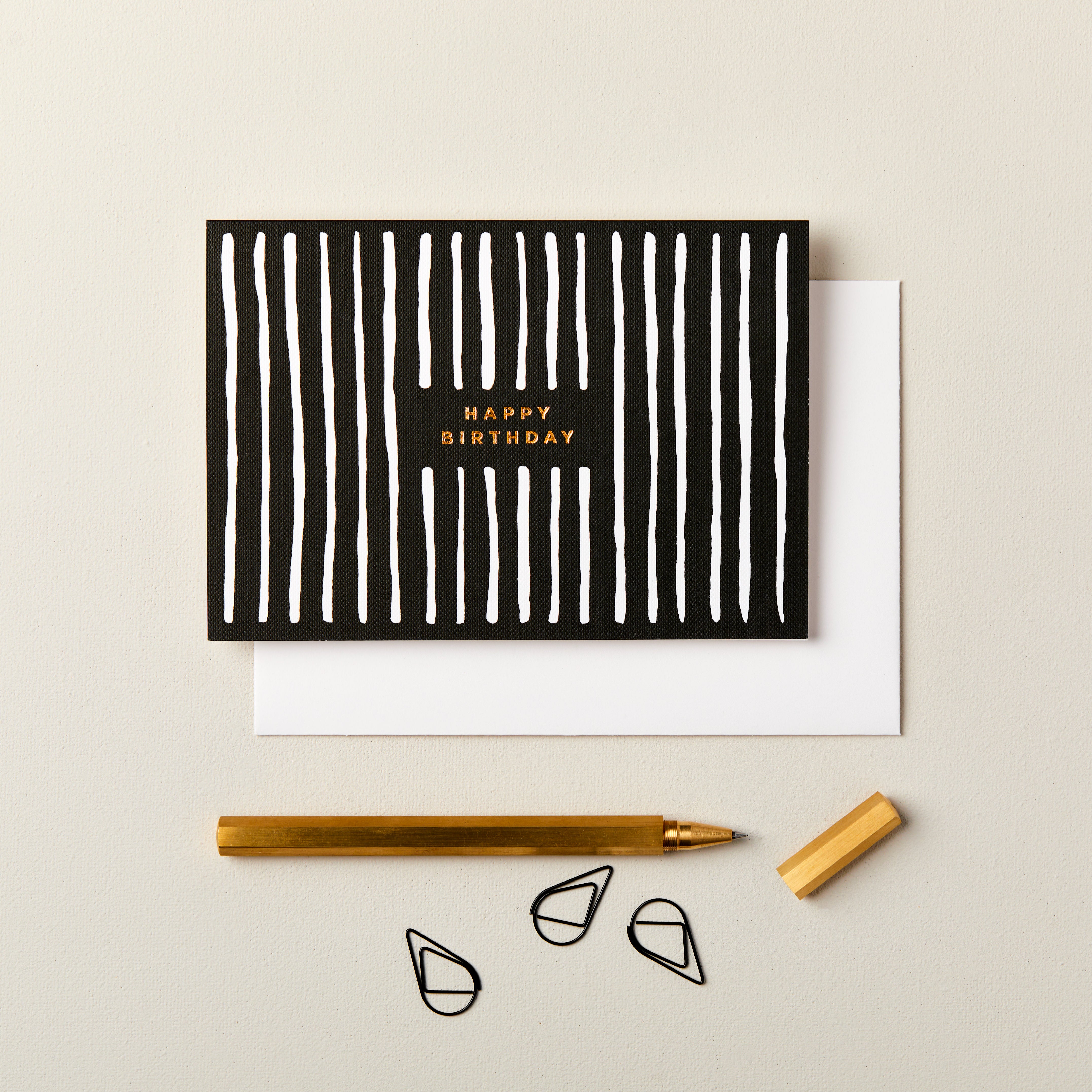 Happy Birthday Monochrome Stripes Card in Black SECONDS SALE