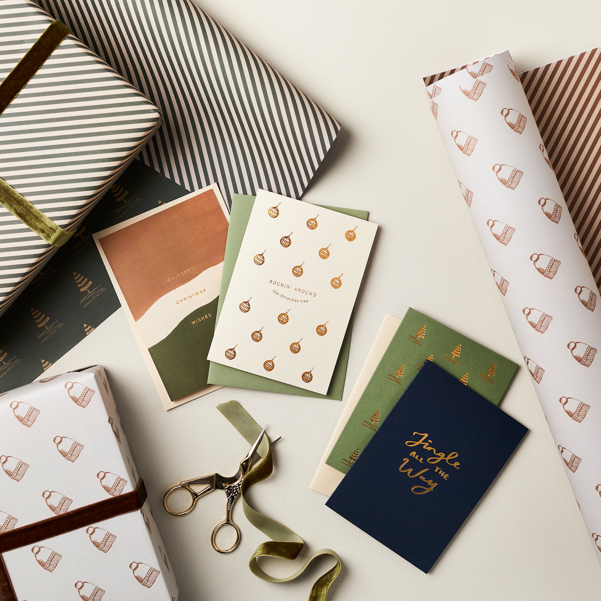 Christmas Trees and Stripes Double Sided Wrap in Gold and cream SECONDS SALE