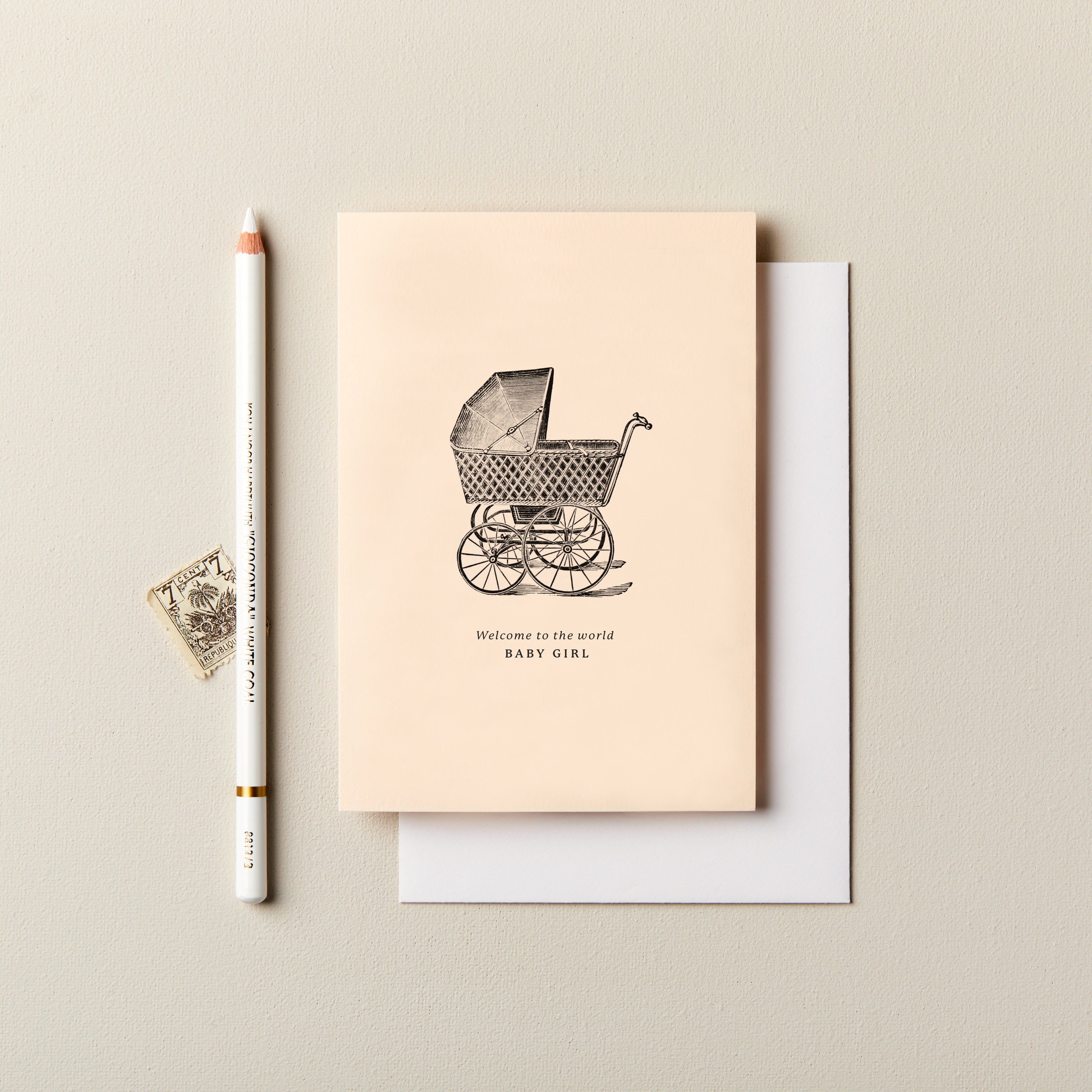 Welcome Baby Girl Vintage Pram Card