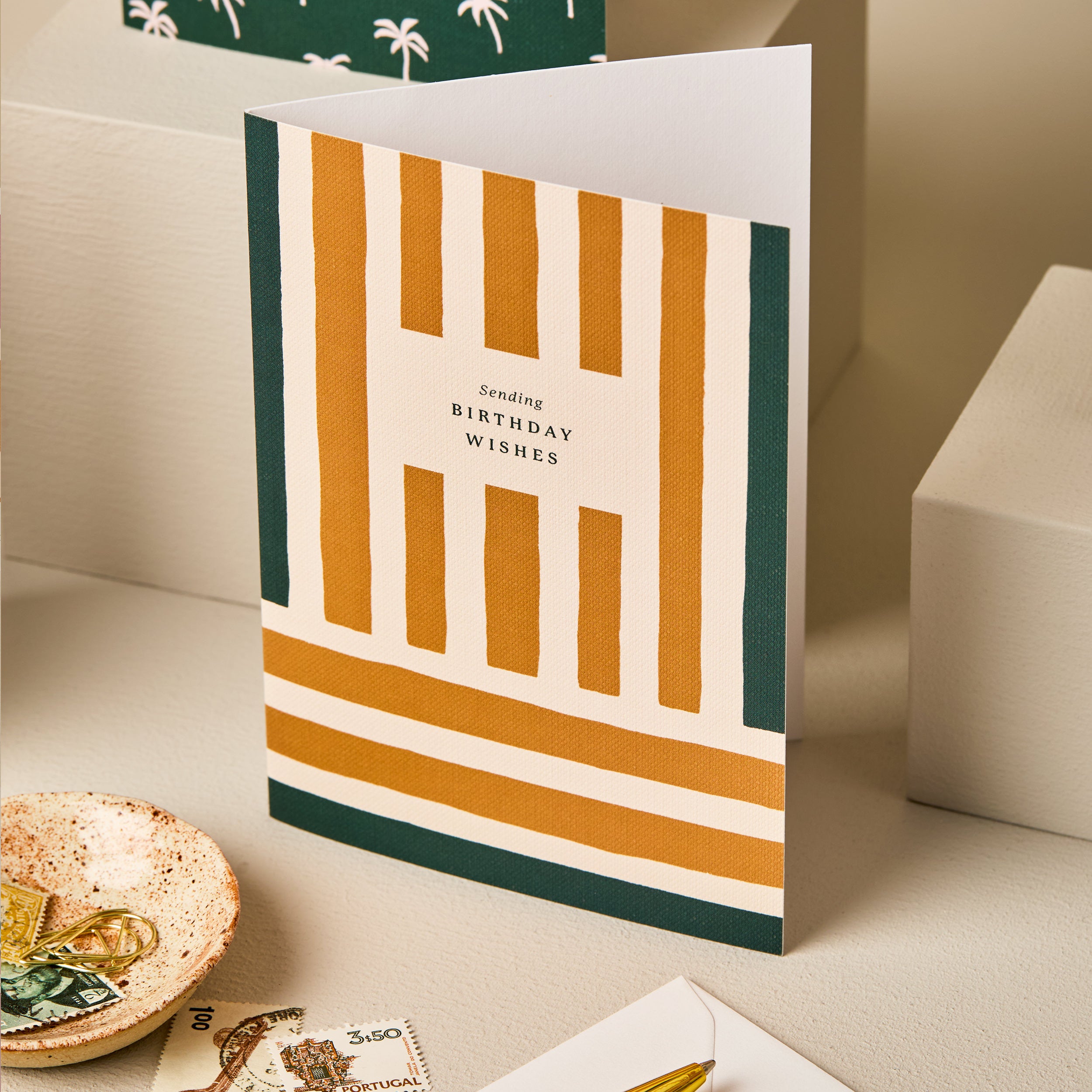 Sending Birthday Wishes Stripes Card Yellow and Green