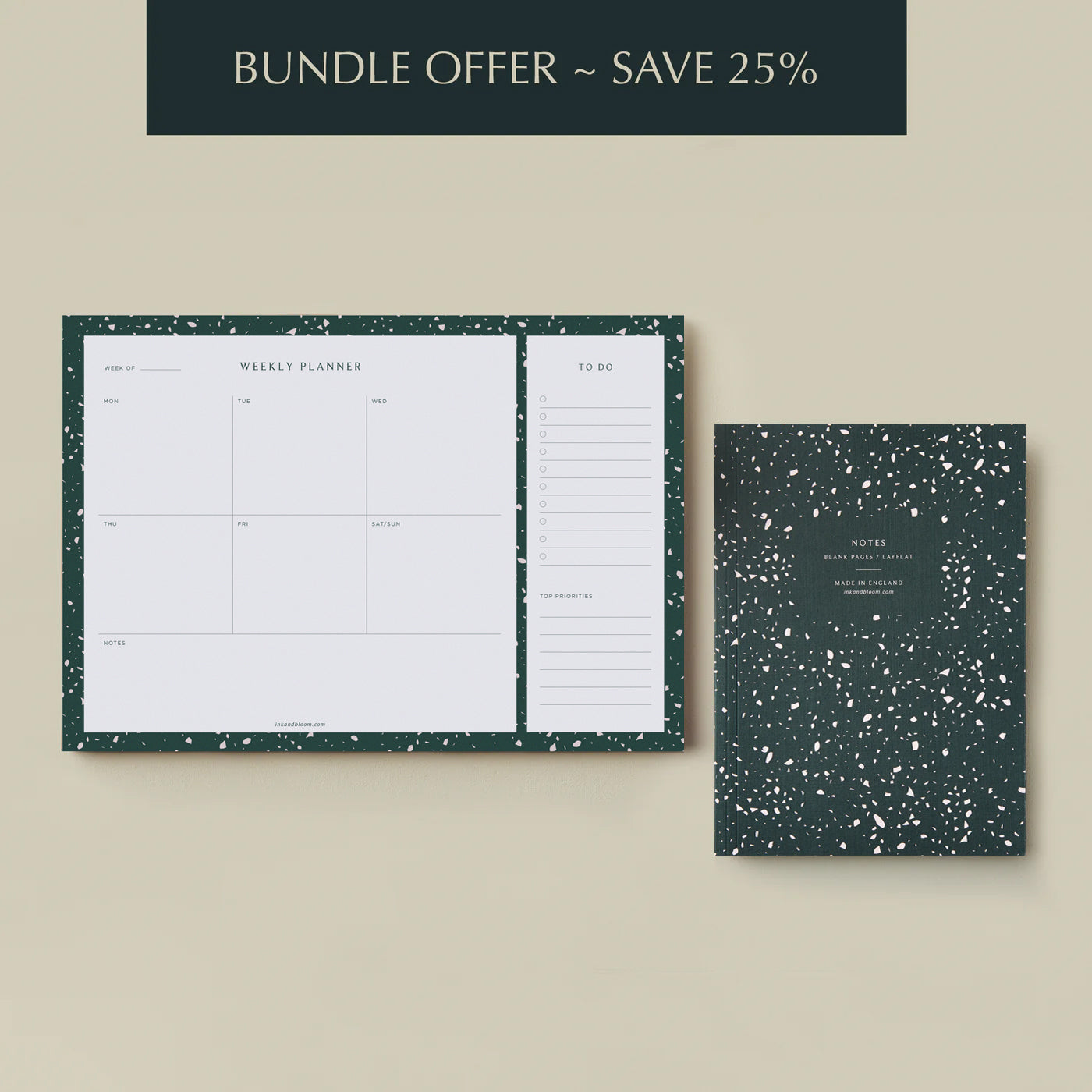Bundle - Weekly Desk Planner Pad & Layflat Notebook in Green Terrazzo