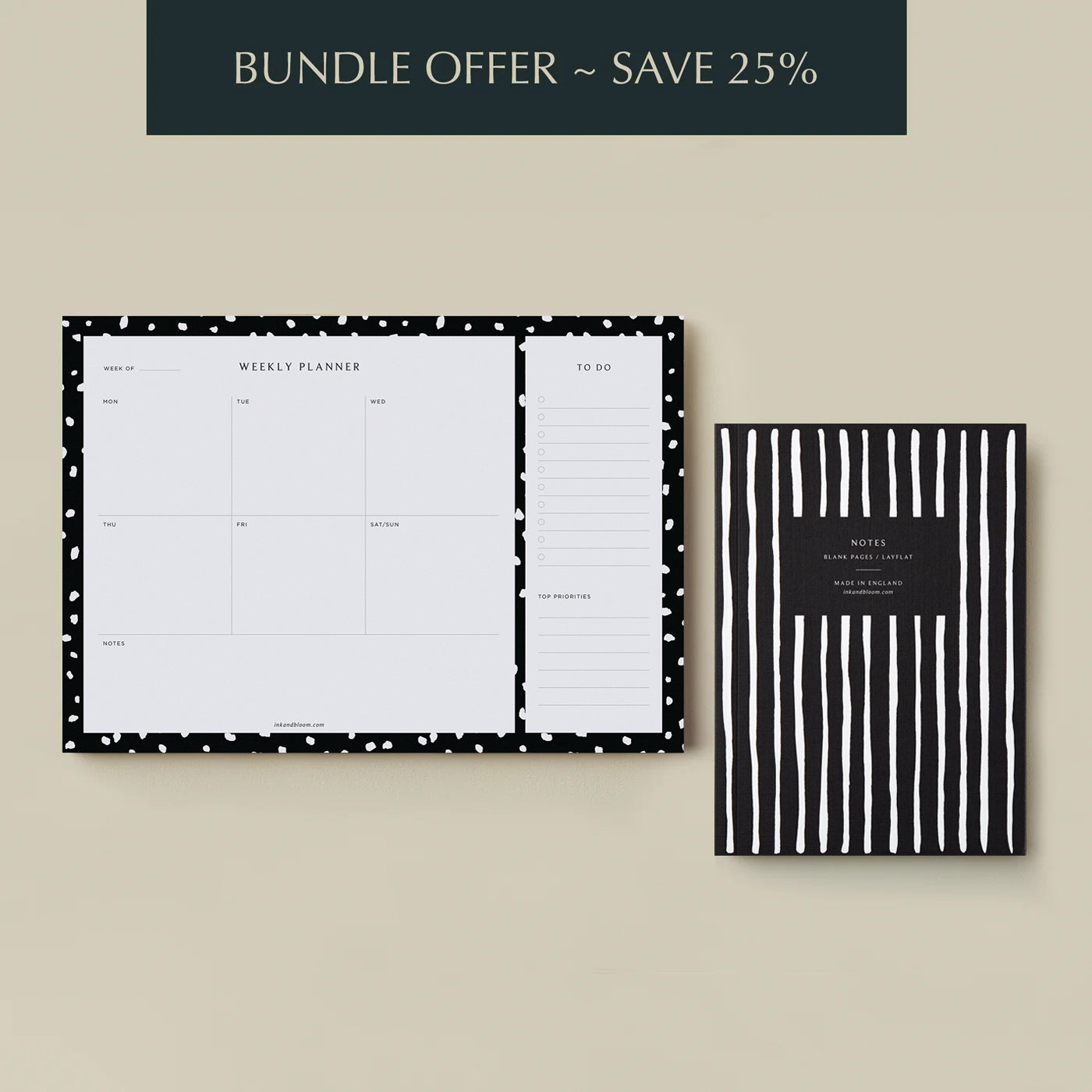 Bundle - Weekly Desk Planner Pad & Layflat Notebook in Monochrome