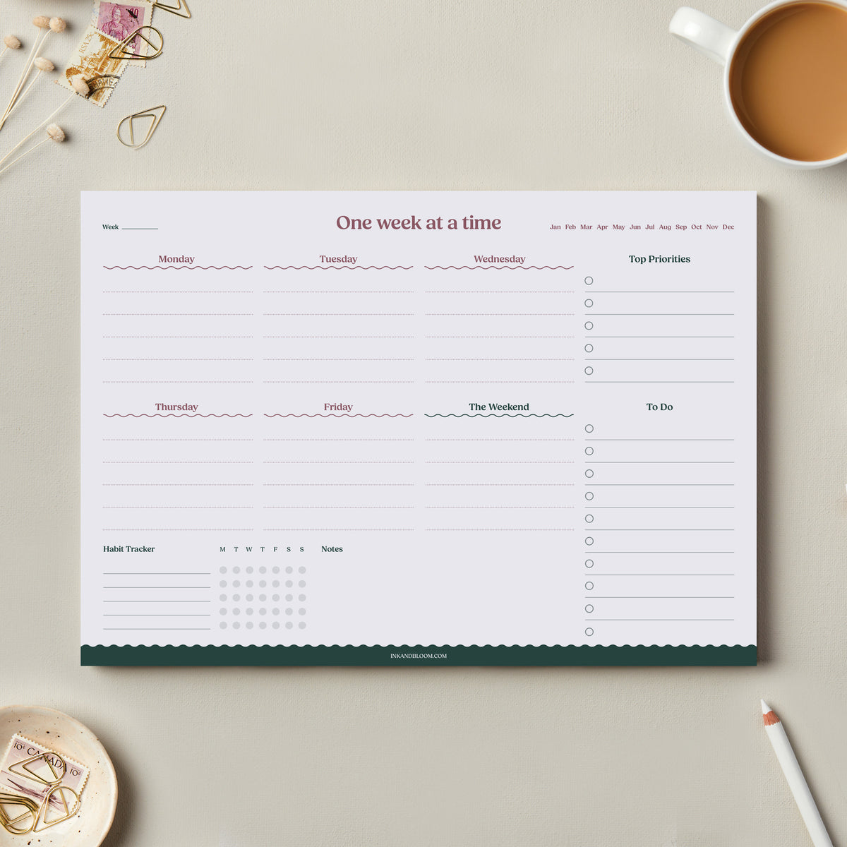 A4 Weekly Planner Desk Pad and Habit Tracker in Green and Purple | Free ...