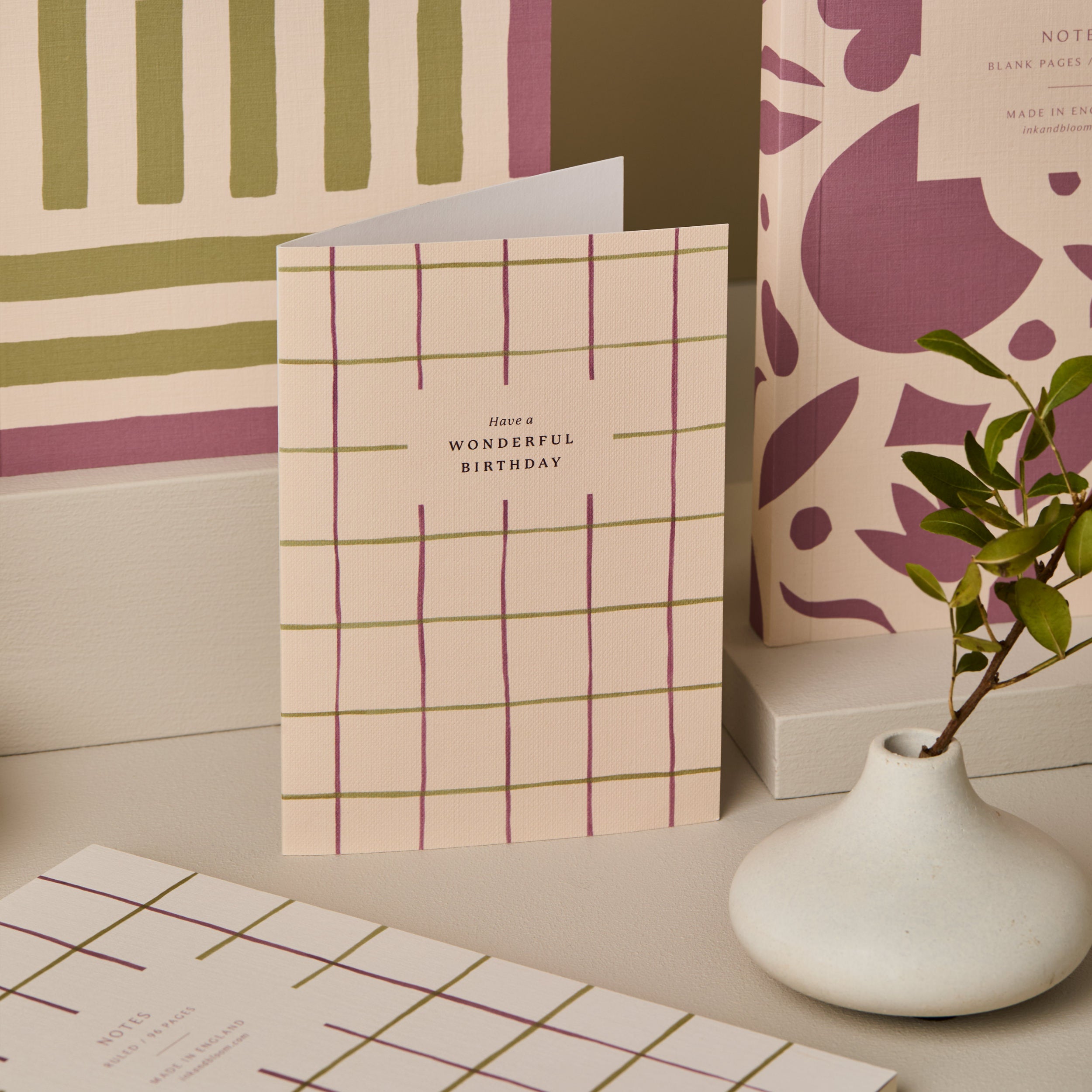 Have a Wonderful Birthday Checked Card Purple and Green