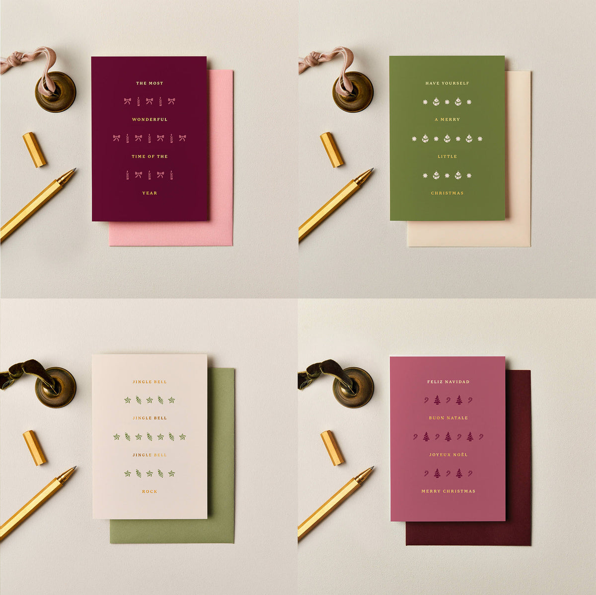 Pack of four modern foiled Christmas cards in burgundy green pink and cream