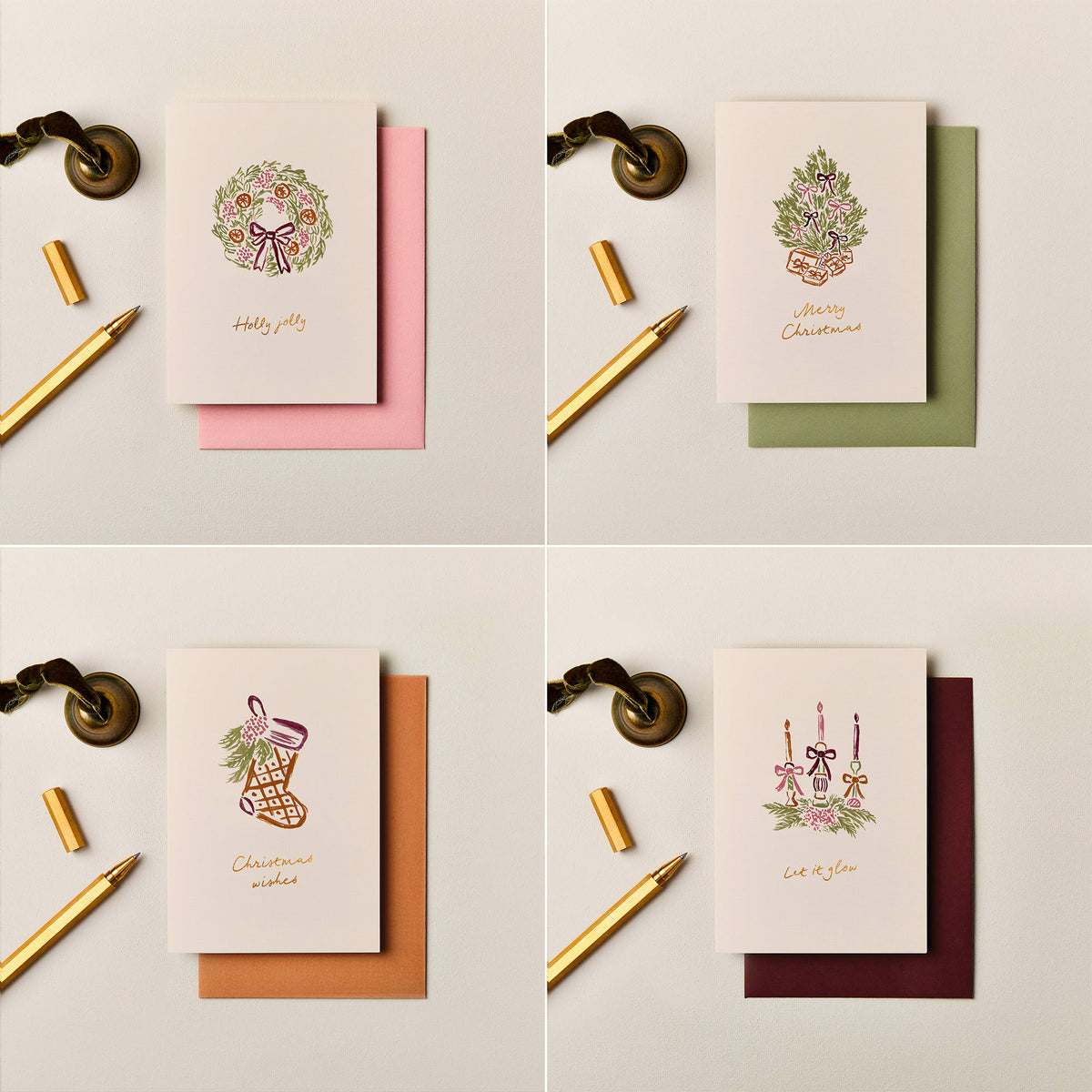 Pack of four hand painted Christmas cards with gold foil festive illustrations