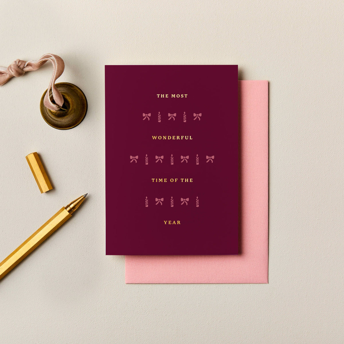 Burgundy Most Wonderful Time Christmas card with metallic foil and pink festive details