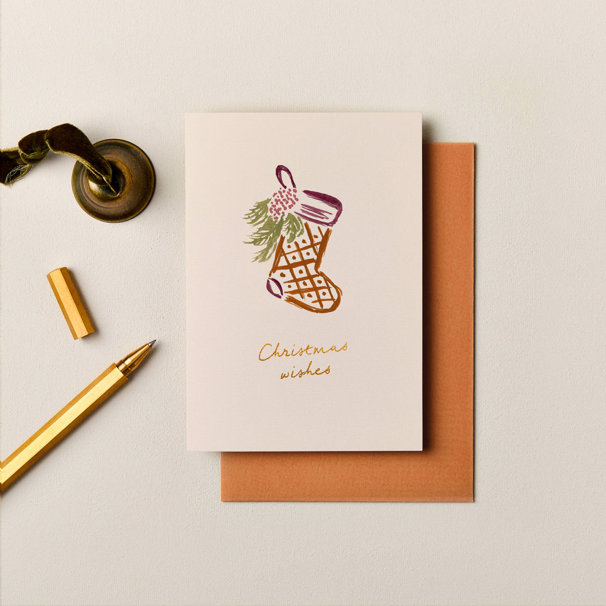 Hand painted Christmas stocking card with gold foil Christmas Wishes greeting