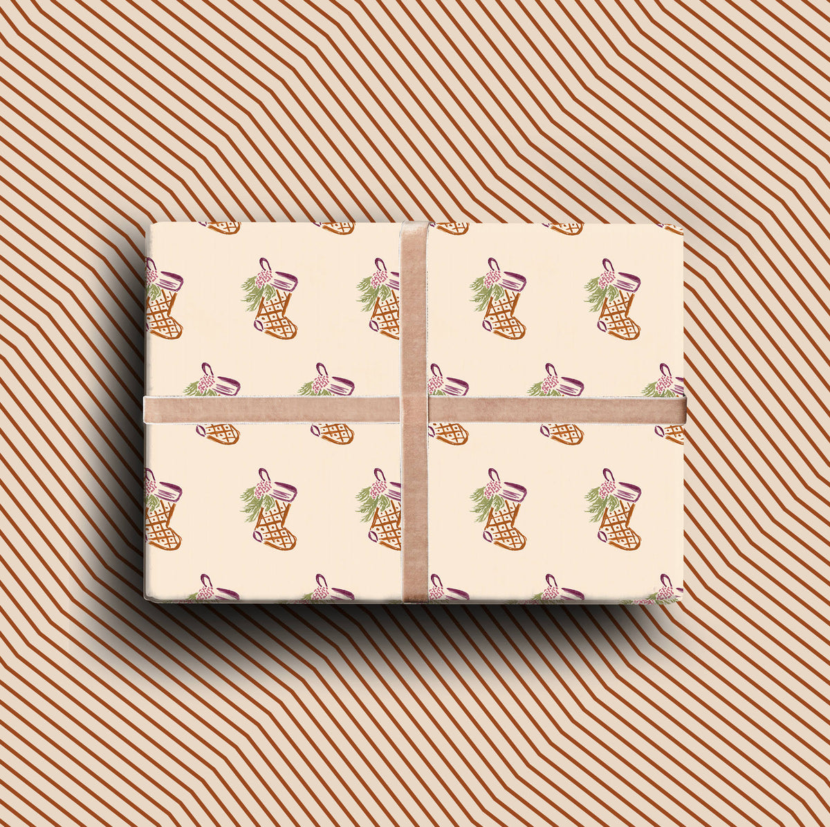 Hand painted Christmas stocking wrapping paper with ochre striped reverse