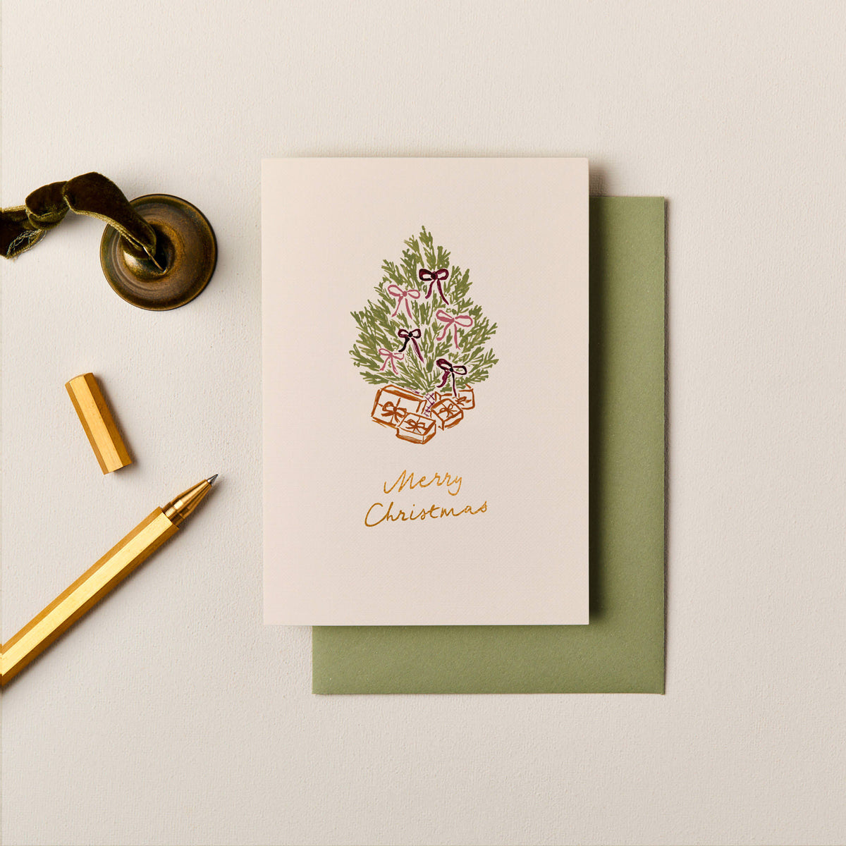 Hand painted Christmas tree card with bows presents and gold foil Merry Christmas greeting