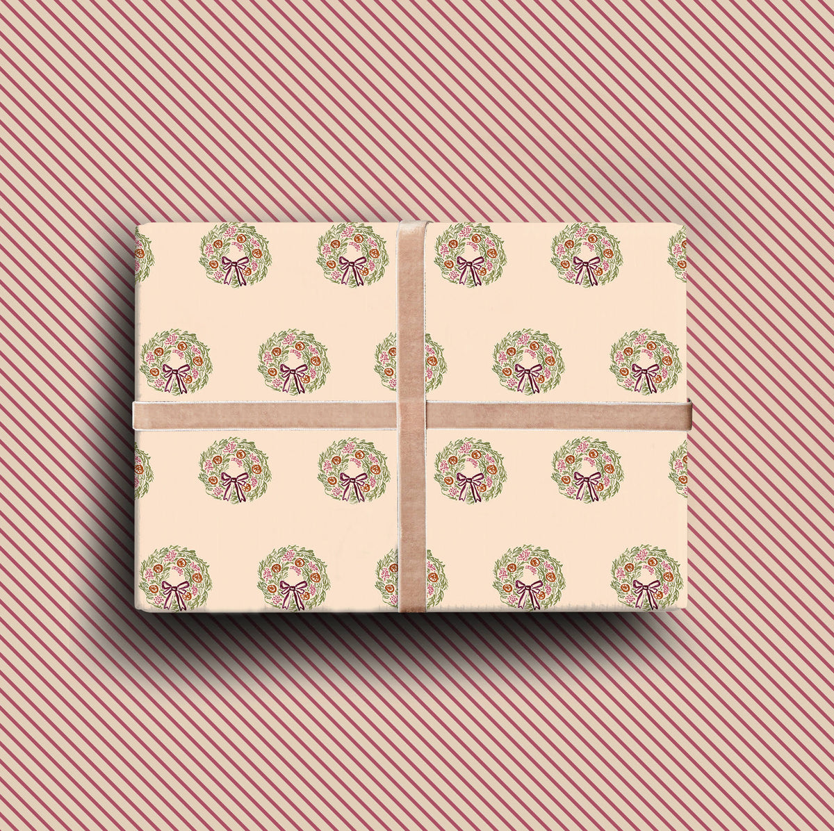 Double sided Christmas tree wrapping paper with bows presents and green striped reverse