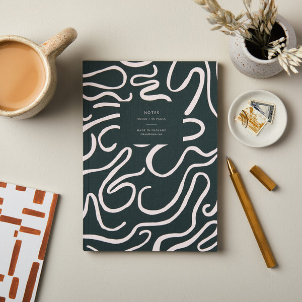 A5 Ruled Notebook in Green Abstract Squiggle