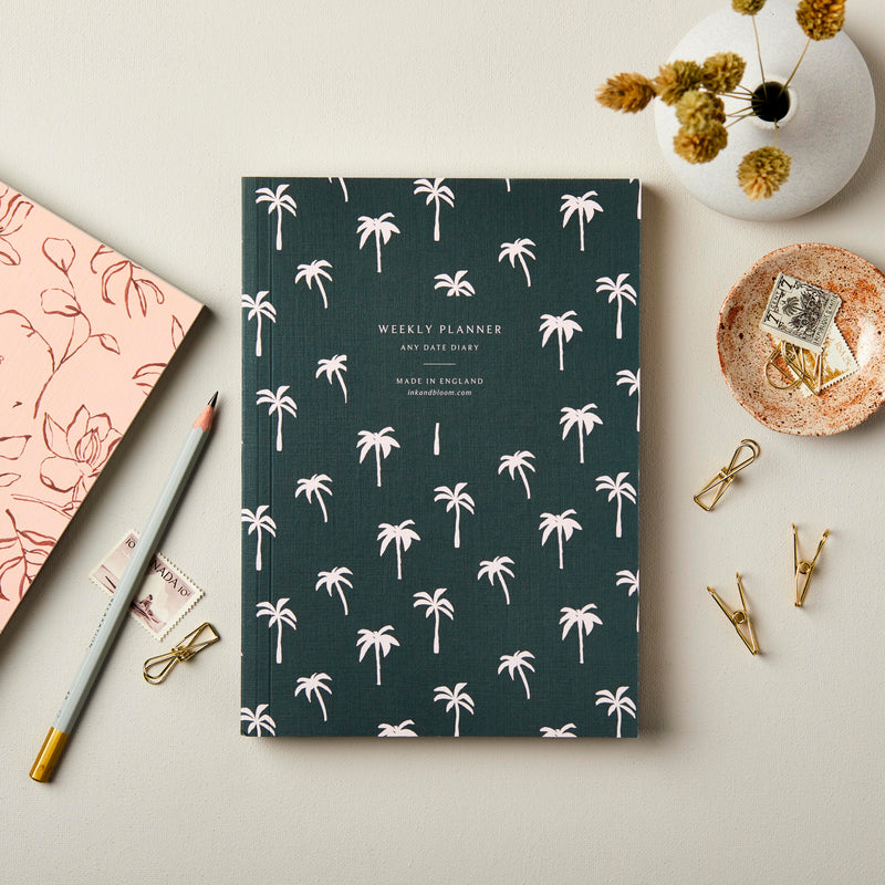 A5 Lay Flat Weekly Planner in Green Palm Print