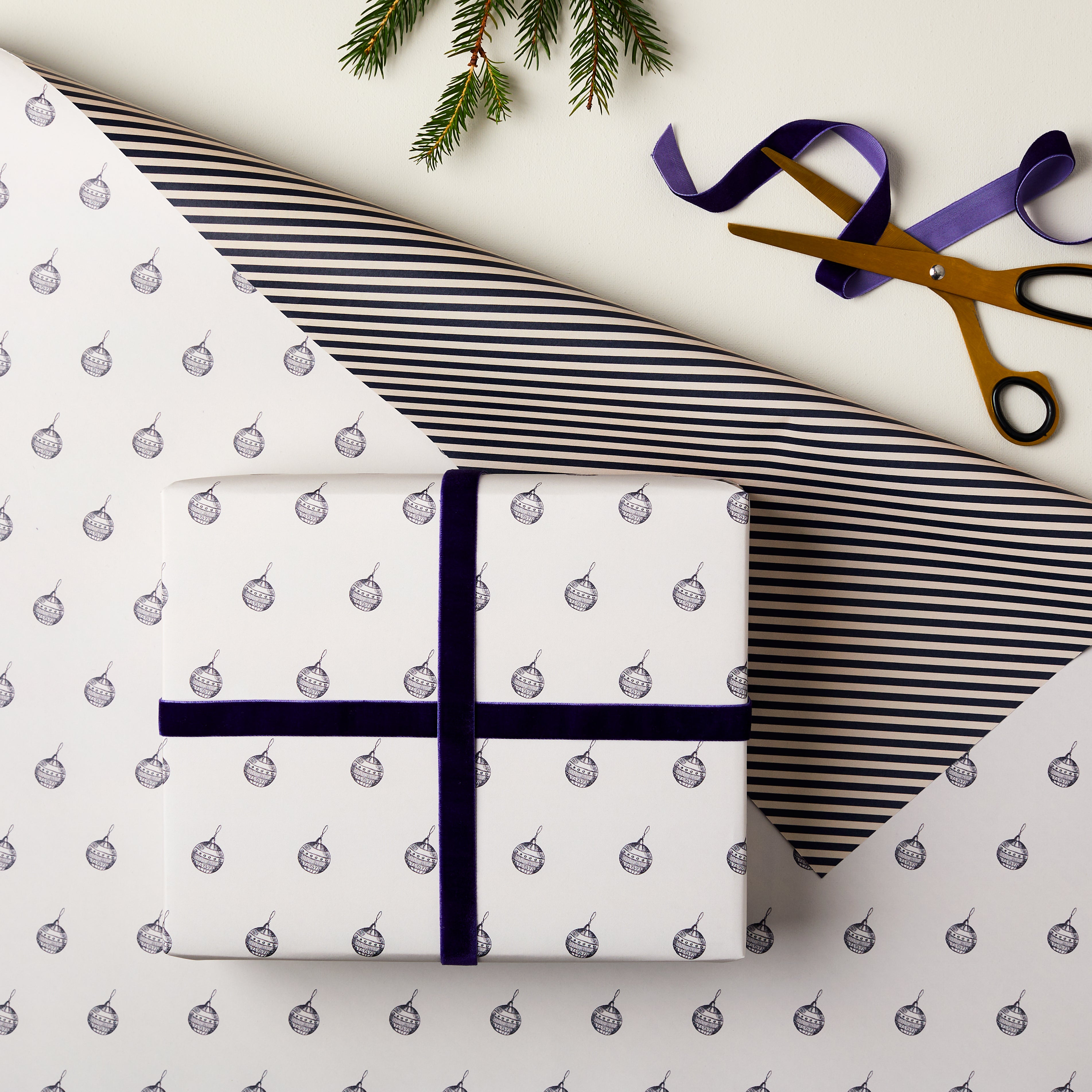 Christmas Baubles and Stripes Double Sided Wrap in Blue & Cream